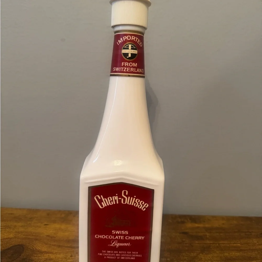 Cheri Suisse Swiss Chocolate Cherry Liqueur Bottle‎ Milk Glass 12” Decanter